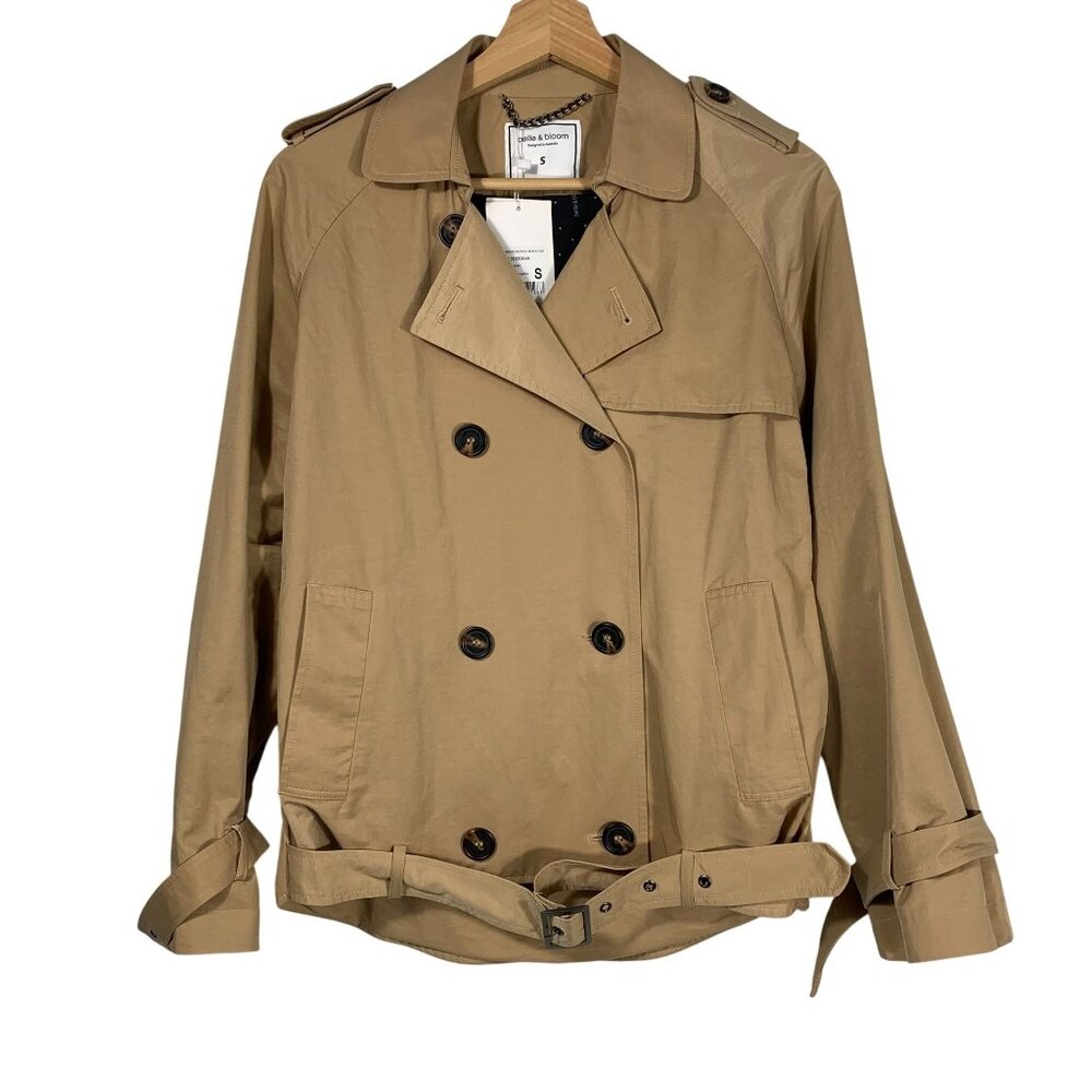 NWT Belle & Bloom Women's Double Breasted Cropped Trench Coat Khaki Tan Size S